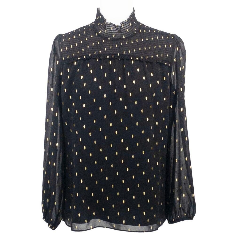 White House Black Market Women Black Gold Metallic Sheer Blouse Small